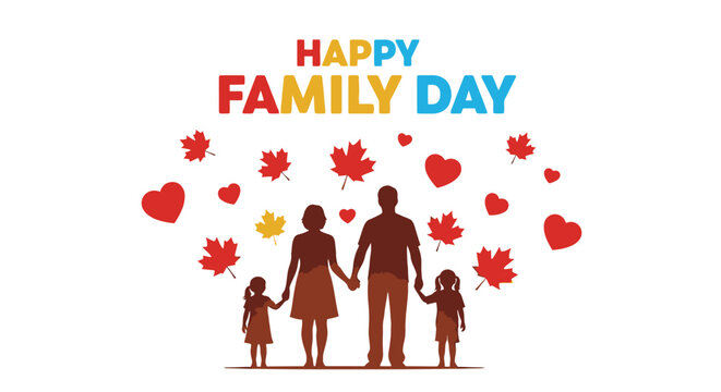 Happy Family Day Illustration with Silhouetted Family and Maple Leaves - Powered by Adobe