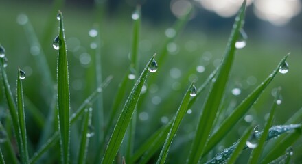 Obraz premium Macro close-up of fresh green grass with morning dew drops. Water droplets on vibrant plant blades in a field. Nature background with selective focus