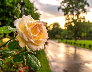 A delicate pale yellow rose in a park after rain