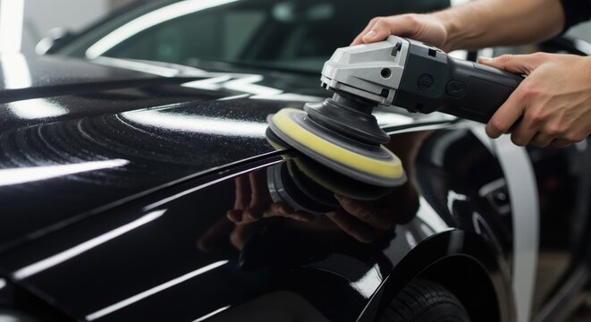 Professional auto detailer polishing a black car with a machine buffer. Close-up of paint correction and waxing process in a garage. Car care and vehicle maintenance service