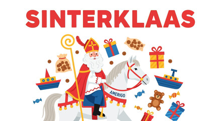 Sinterklaas riding Amerigo with gifts and treats, Dutch holiday illustration
