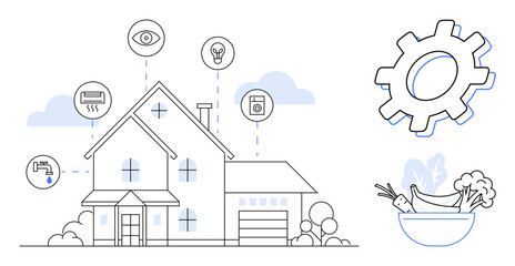 Modern house with icons for smart home control, sustainability, and energy efficiency. Includes technology, gear, digital monitoring, eco-friendly lifestyle. Ideal for innovation, IoT technology