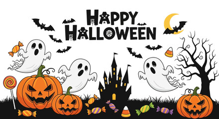 Festive Halloween Scene with Ghosts, Pumpkins, and Bats