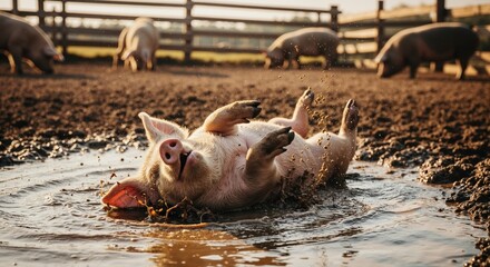 Happy piglet playfully rolling in a mud puddle on a farm. Cute domestic animal having fun in a pigpen during golden hour