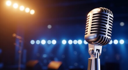 Vintage microphone on a stage with blue and orange spotlights, ready for performance