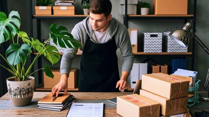 Young man organizing packages on a wooden desk in a modern office with plants and stationery