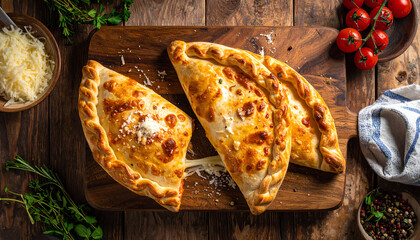 Delicious calzone filled with cheese and herbs, presented on a wooden board with fresh ingredients around.