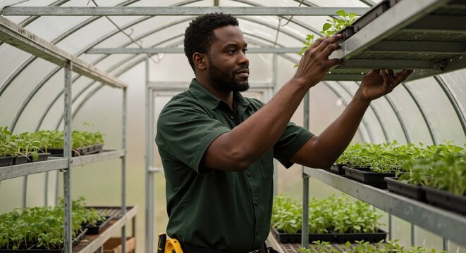 Black farmer working in a greenhouse and inspecting seedlings. Man tending to young plants on shelves in a nursery. Agriculture and small business concept