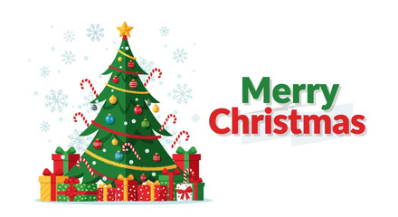 Decorated Christmas Tree with Presents and Snowflakes