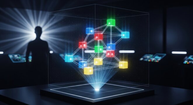 Holographic display of interconnected colored cubes in a futuristic dark room with a silhouette