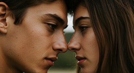 Close-up of couple taking selfie outdoors, enjoying sunny day in park with smiles and joy
