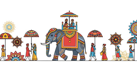 Indian Elephant Procession with Colorful Umbrellas and People