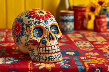 Fototapeta premium Mexican sugar skull, on top of a red tablecloth and yellow background