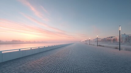 Man Jogging on Pier at Sunset with Cinematic Lighting and Calm Water under Pink Sky and Distant City Buildings and Modern Architecture