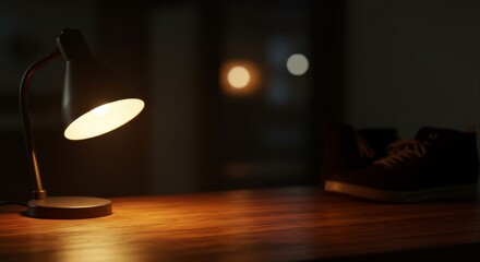 Warm Light from a Desk Lamp on a Wooden Surface in a Dark Room.