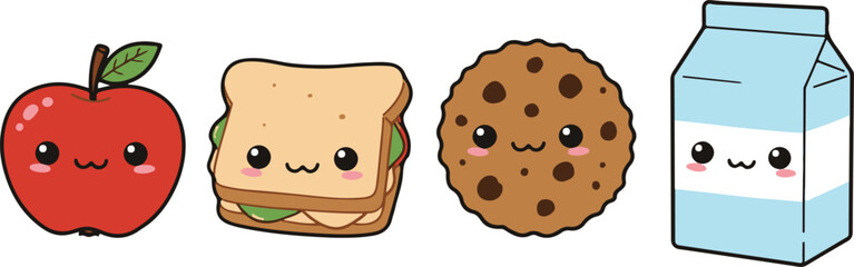 Cartoon school snacks apple, sandwich, milk, and cookie kawaii illustration. World Teachers Day