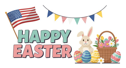 Happy Easter Greeting with Bunny, Eggs, and Flowers