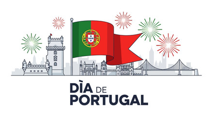 Portuguese National Day Celebration with Landmarks and Fireworks