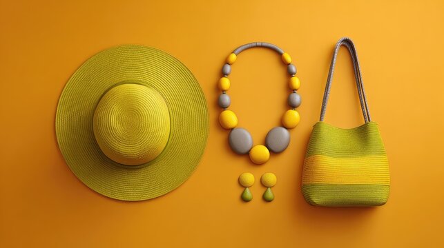 Stylish Yellow Accessories Set on Vibrant Orange Background Featuring Hat, Necklace, Earrings, and Handbag for Fashion and Lifestyle Photography