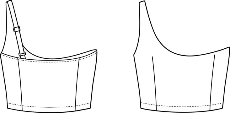 Women's stylish one-shoulder cropped bustier top technical flat sketch vector illustration drawing design pattern with adjustable strap, fitted boning, and 