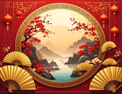 Oriental aesthetic framed landscape with decorative fans and lanterns