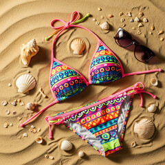 Top-down view of bikini laid flat on sand next to sunglasses and seashells