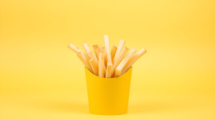 french fries in a yellow cup on a yellow background