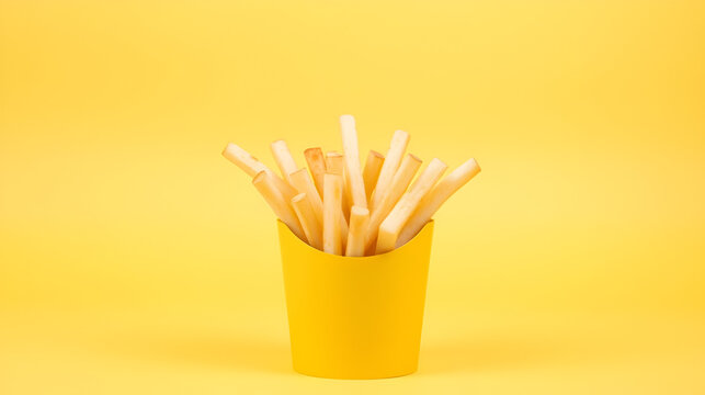 french fries in a yellow cup on a yellow background