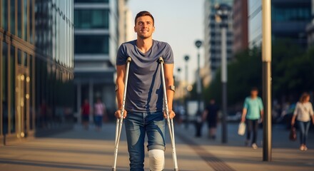 Man with crutches walking down city street recovering from injury overcoming challenges and seeking hope