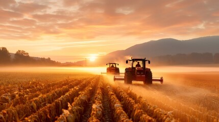 Fototapeta premium Tractors cultivating field during golden sunrise agriculture scene