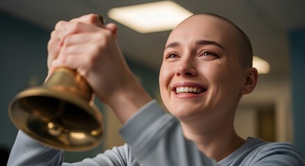 Young Woman Bald Smiling Ringing Bell Celebrating End of Cancer Treatment Victory