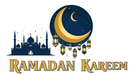 Ramadan Kareem Illustration with Mosque, Moon, and Lanterns © Red3