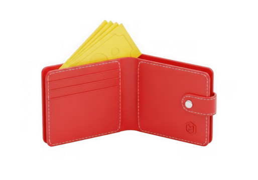 3d icon of red wallet with yellow paper isolated on transparent background