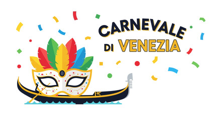 Venetian Carnival Mask and Gondola Illustration with Confetti