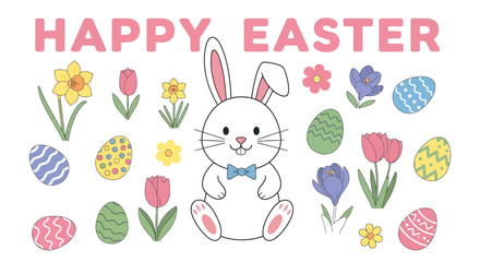 Cute Easter Bunny with Bowtie and Decorations