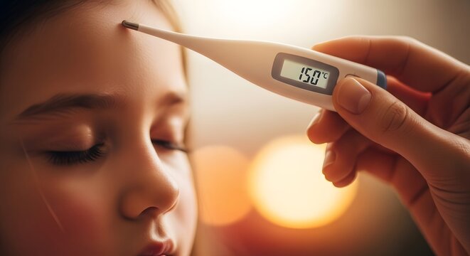 Close up of a child's forehead with a thermometer measuring fever temperature during illness care