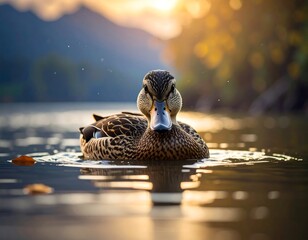 A duck on a lake at sunset.  Golden light reflects on the water