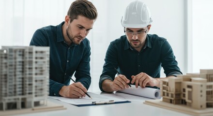 Two architects reviewing building models and blueprints at a desk.