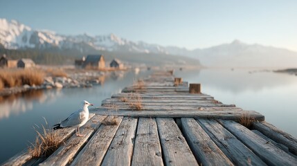 Seagull Perched on Weathered Wooden Dock Overlooking Calm Lake and Distant Snowy Mountains at Sunrise with Clear Sky and Soft Lighting
