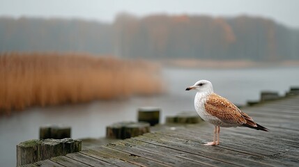 Seagull Standing on Wooden Dock Overlooking Calm Water Under Overcast Sky in Autumnal Landscape Soft Focus and Tranquil Natural Scenery