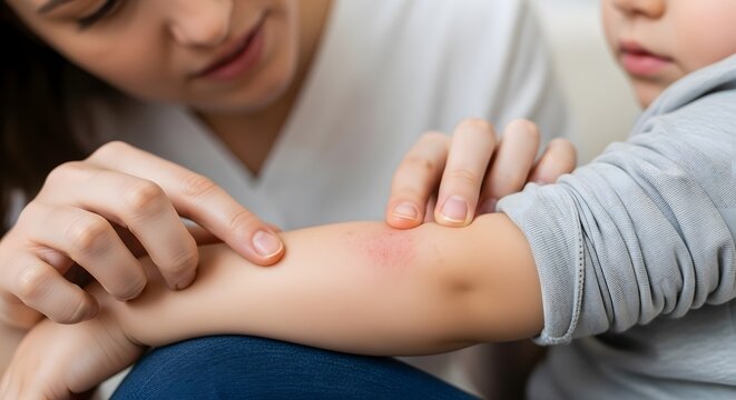 Doctor or parent examining childs red inflamed arm skin rash condition close up detail