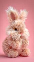 Adorable Fluffy Angora Bunny with Expressive Eyes on Soft Pink Background.