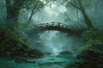 Mystical Arched Wooden Bridge Over Turquoise River in Misty, Lush Green Enchanted Forest.