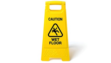 Bright yellow sign warns of caution because of the wet floor with slipping icon in the workplace