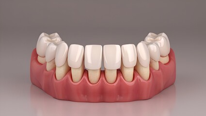 Fototapeta premium Dental arch model showing teeth and gums with healthy, bright white enamel in a clinical setting.