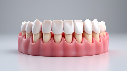 Detailed view of a set of false teeth, showing the gums and teeth, with clean, bright aesthetic.