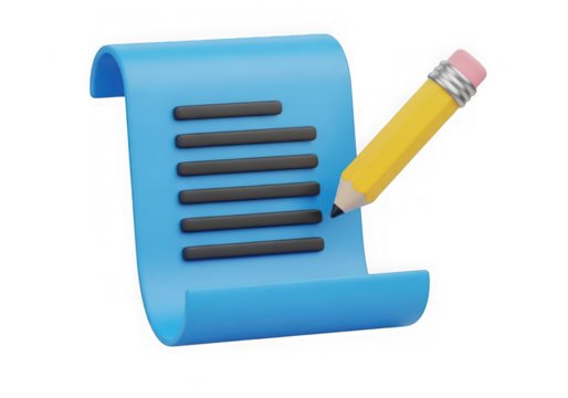 3d icon of blue scroll with pencil writing isolated on transparent background - Powered by Adobe