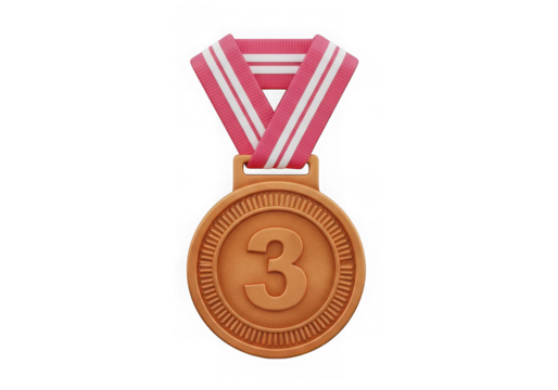3d icon of bronze medal with number 3 and ribbon isolated on transparent background