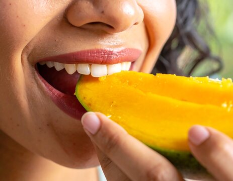 Close-up of a woman eating a mango slice