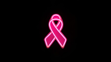 A pink ribbon emblem brightly glows against a dark backdrop to evoke feelings of hope and support.